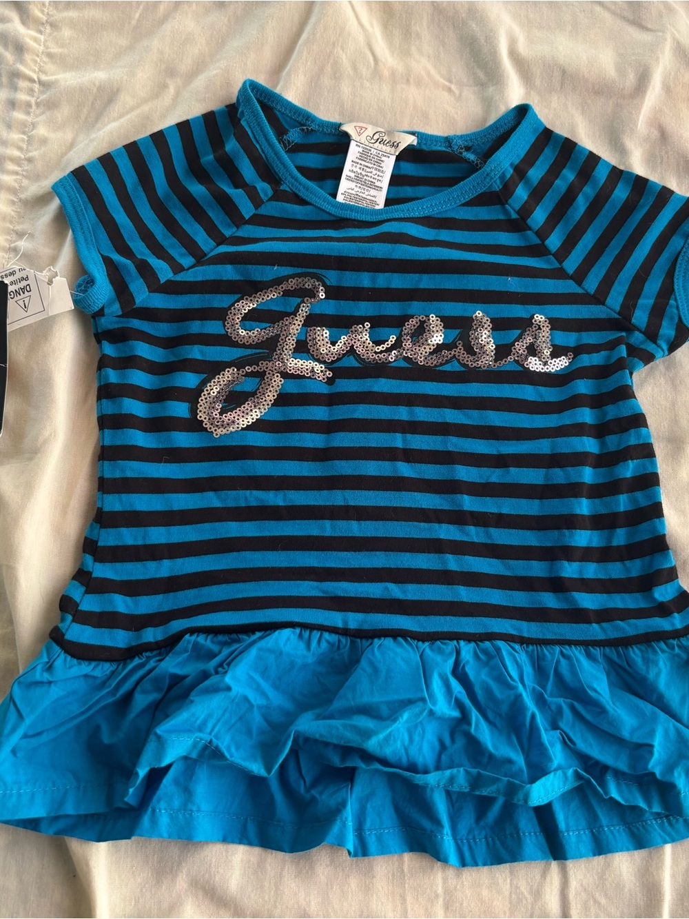Guess Blue and Black Striped Ruffle Tee with Sequin Logo